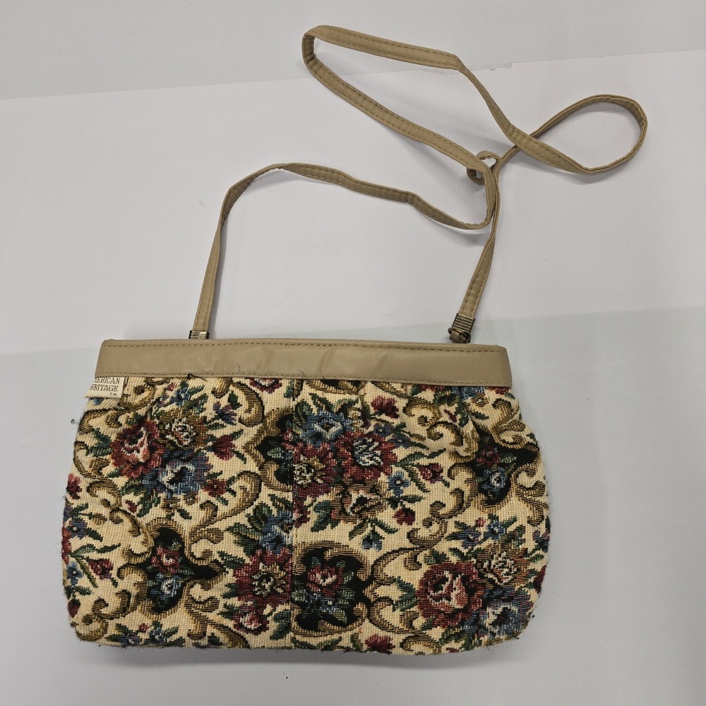 Holiday Fair Vintage Floral Tapestry Crossbody Bag Beige Tan‎ Faux Leather Trim